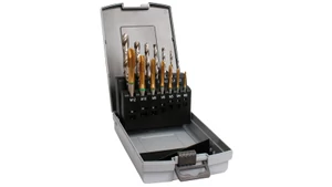 Gépi menetfúró készlet C HSSE-TiN + 7db csigafúróval - HSS M3-12 csavart hornyú 35°